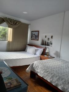 a bedroom with two beds and a window at Hotel Posada Turística la Ceiba in Vergara