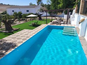 einen blauen Pool im Garten mit Terrasse in der Unterkunft Hacienda Las Lumbreras Casa Rural con Piscina in Montellano