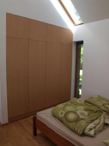 Schlafzimmer mit einem Bett mit Holzschränken in der Unterkunft Lake House in Kościan