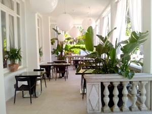 une salle à manger avec des tables, des chaises et des plantes en pot dans l'établissement Hotel Tirreno, à Castiglioncello