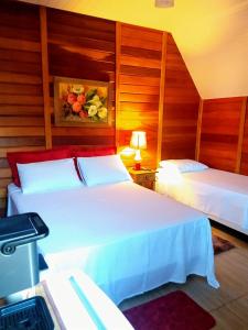 1 dormitorio con 2 camas y mesa con lámpara en Chalés Pedacinho do Céu entre Penedo e Visconde de Mauá, en Resende