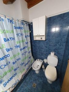 uma casa de banho com um WC e uma cortina de chuveiro em Casa Moldes, Alto Dorrego - Mendoza em Guaymallén