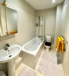 a bathroom with a sink and a tub and a toilet at Wilmot Guest House in London
