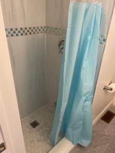 łazienka z prysznicem z niebieską zasłoną prysznicową w obiekcie Quad Room with En Suite Bathroom 536A w mieście Toronto