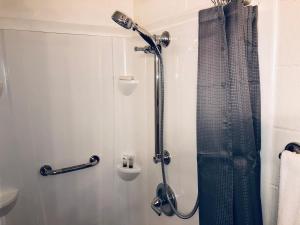 uma casa de banho com chuveiro e cortina de chuveiro em Oasis Lake Buchanan em Bluffton