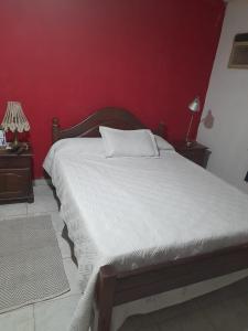 - une chambre avec un grand lit et un mur rouge dans l'établissement Dpto parque Avellaneda, à San Miguel de Tucumán