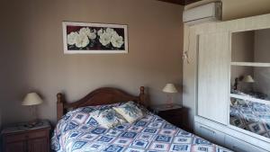 1 dormitorio con 1 cama y una foto en la pared en Departamentos las chacras en Juana Koslay 