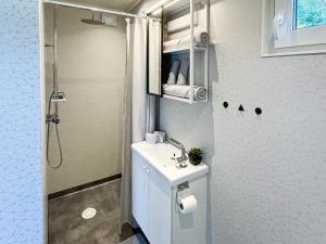 y baño pequeño con lavabo y ducha. en Holiday home LJUNGBY IV en Ljungby
