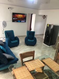 a living room with blue chairs and a tv at APARTAMENTOS SUPER PENTHOUSE con ZONA BBQ in El Colegio