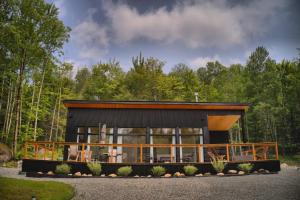 une maison au milieu d'une forêt dans l'établissement KALLM-Mont-Tremblant chalet with hot tub, pond & beach on private 7acre estate, à Lac-Supérieur