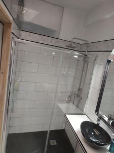 a bathroom with a glass shower and a sink at Loft CENTRO Con Parking privado GRATIS in Talavera de la Reina