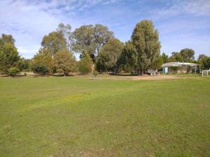 un gran campo verde con árboles y una casa en Holiday Heathcote en Heathcote