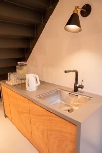 encimera de cocina con fregadero y lámpara en LOCOMOTION COFFEE AND BED, en Tateyama