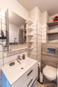 a bathroom with a white sink and a toilet at Olivia apartament przy deptaku in Szczawno-Zdrój