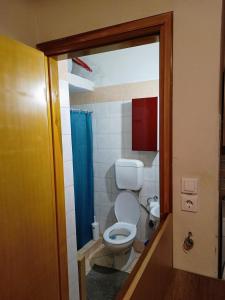 a bathroom with a toilet and a blue shower curtain at pyrgospito in Éxo Nímfion