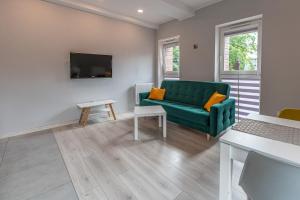 ein Wohnzimmer mit einem grünen Sofa und einem TV in der Unterkunft Emerald Apartament przy deptaku in Bad Salzbrunn