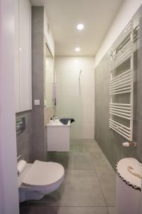 Un baño blanco con inodoro y lavabo. en Emerald Apartament przy deptaku, en Szczawno-Zdrój 24 fotos más