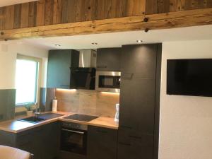 a kitchen with stainless steel appliances and a television at Landhaus Thomas in Mayrhofen