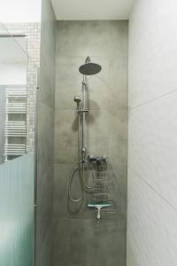 a shower with a shower head in a bathroom at Emerald Apartament przy deptaku in Szczawno-Zdrój