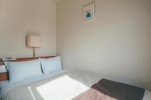 挂川市吴竹挂川旅馆的卧室配有一张床和墙上的灯。 更多10张照片