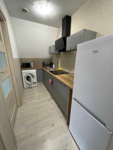 eine Küche mit einem Kühlschrank und einer Waschmaschine in der Unterkunft Agroturystyka nad Stawem in Międzygórze