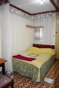 Bett in einem Zimmer mit einem Fenster mit Vorhängen in der Unterkunft Sundowner Lodge in Nakuru