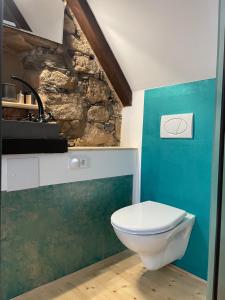 een badkamer met een wit toilet en een stenen muur bij Wellness House Plzeň - Božkov in Božkov