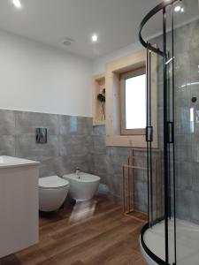 a bathroom with a shower and a toilet and a sink at Domek Na Góralską Mode in Suche