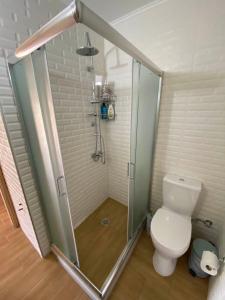 ein Bad mit einem WC und einer Glasdusche in der Unterkunft Xristina's Experience in Pylos