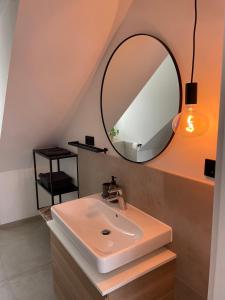 a bathroom with a sink and a mirror at Römer Apartment und Zimmer in Türkheim