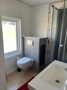 a bathroom with a toilet and a sink and a tub at Jomsborg Ilulissat in Ilulissat