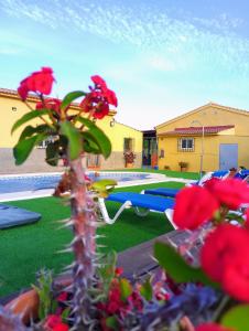a model of a yard with a pool and red flowers at Villa Toliso in Alora