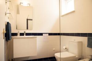 La salle de bains est pourvue de toilettes, d'un lavabo et d'un miroir. dans l'établissement Vale do Guizo: Casa Poente on the contryside, close by the sea., à Aljezur