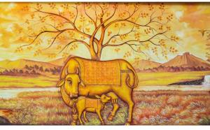 a painting of a cow and its child under a tree at Sri Krishna Inn - Kempegowda Airport Bangalore in Bangalore