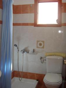 ein Badezimmer mit Dusche und Toilette und einem Fenster in der Unterkunft Kelenis Apartments in Karterados