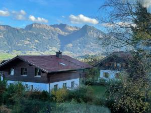 a house in the mountains with mountains in the background at Ferienwohnung Panoramablick in Bolsterlang