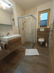 a bathroom with a shower and a sink and a toilet at Apart Leo in Stummerberg