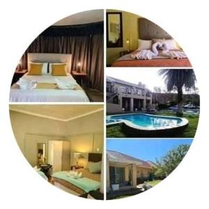 4 Bilder eines Hotelzimmers mit einem Bett und einem Pool in der Unterkunft Victoria Oaks Guesthouse in Victoria West