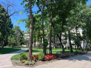 a park with trees and flowers on a sidewalk at 3 rooms apartment Airy & Bright Palas Style in Iaşi