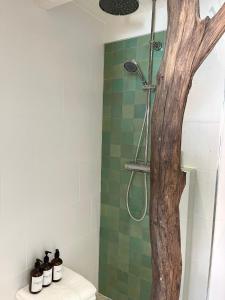 a bathroom with a tree in the shower at Meerpaal 43 Bergen in Bergen