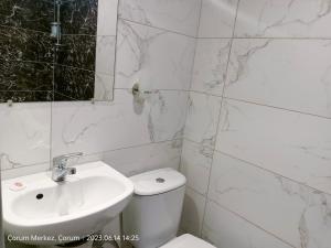 a white bathroom with a sink and a toilet at Şirin Apart in Corum