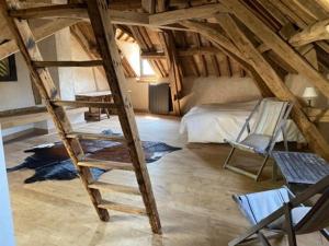 Zimmer im Dachgeschoss mit einem Etagenbett und einer Leiter in der Unterkunft La Ferme de Châtenoy - Le Mouton Noir in Châtenoy