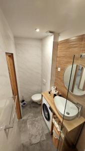 a bathroom with a sink and a washing machine at APARTMAN Zengg in Senj