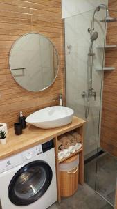 a bathroom with a sink and a washing machine at APARTMAN Zengg in Senj