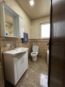 La salle de bains est pourvue d'un lavabo, de toilettes et d'un miroir. dans l'établissement Mountain KAZBEGI Apartment, à Kazbegi