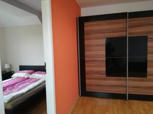 a bedroom with orange walls and a flat screen tv at GRIBKO SEASIDE APARTMENTS in Grzybowo