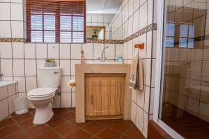 a bathroom with a toilet and a sink and a shower at Kwetu Guest Farm in Swellendam