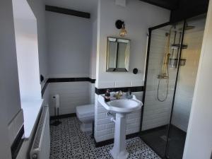 a bathroom with a sink and a shower and a toilet at Krzywa Apartamenty in Lidzbark Warmiński