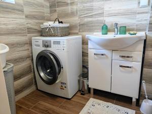 a washing machine and a sink in a bathroom at Zielony Zakątek - agroturystyka blisko morza in Kierzkowo