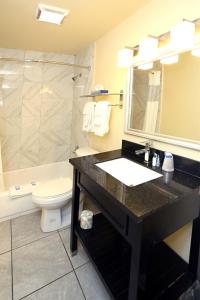 een badkamer met een wastafel, een toilet en een spiegel bij Blue Marlin Motel in Virginia Beach